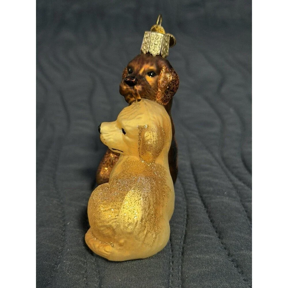Merck Family Old World Christmas Glass Dog Ornament Brown & Golden w/ Box Bookle